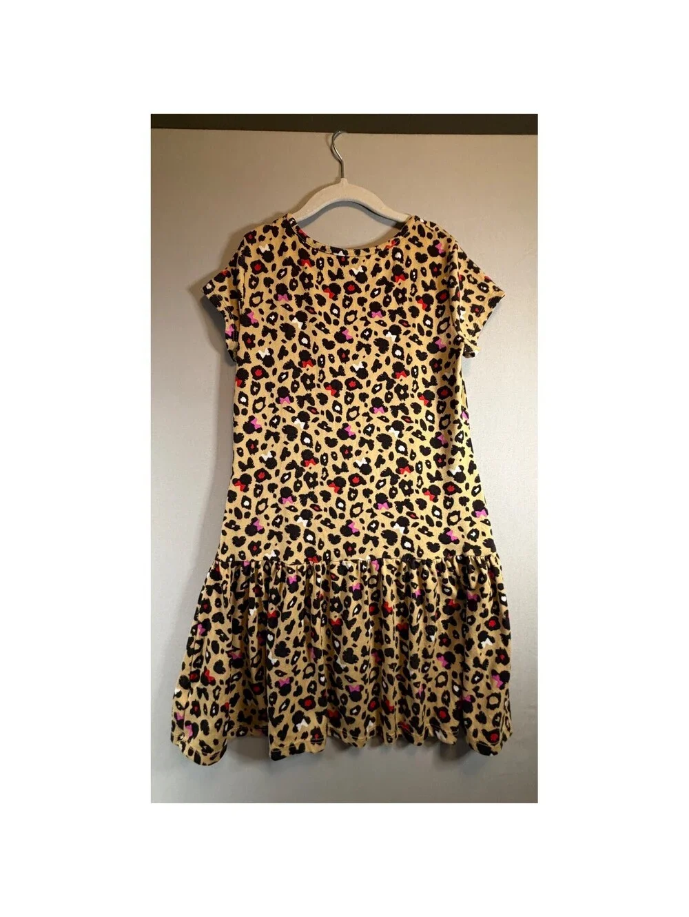Disney Minnie Mouse Girls Leopard Print Drop Waist Dress Brown Tan Size M 7-8